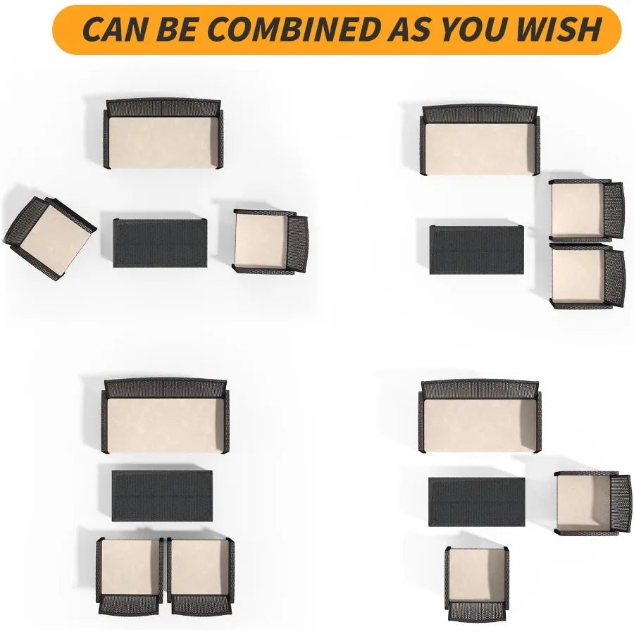 Gotland 4Piece Outdoor Patio Furniture Set Wicker Rattan Chairs Sofa with Cushions and Glass Coffee Table Conversation Set for