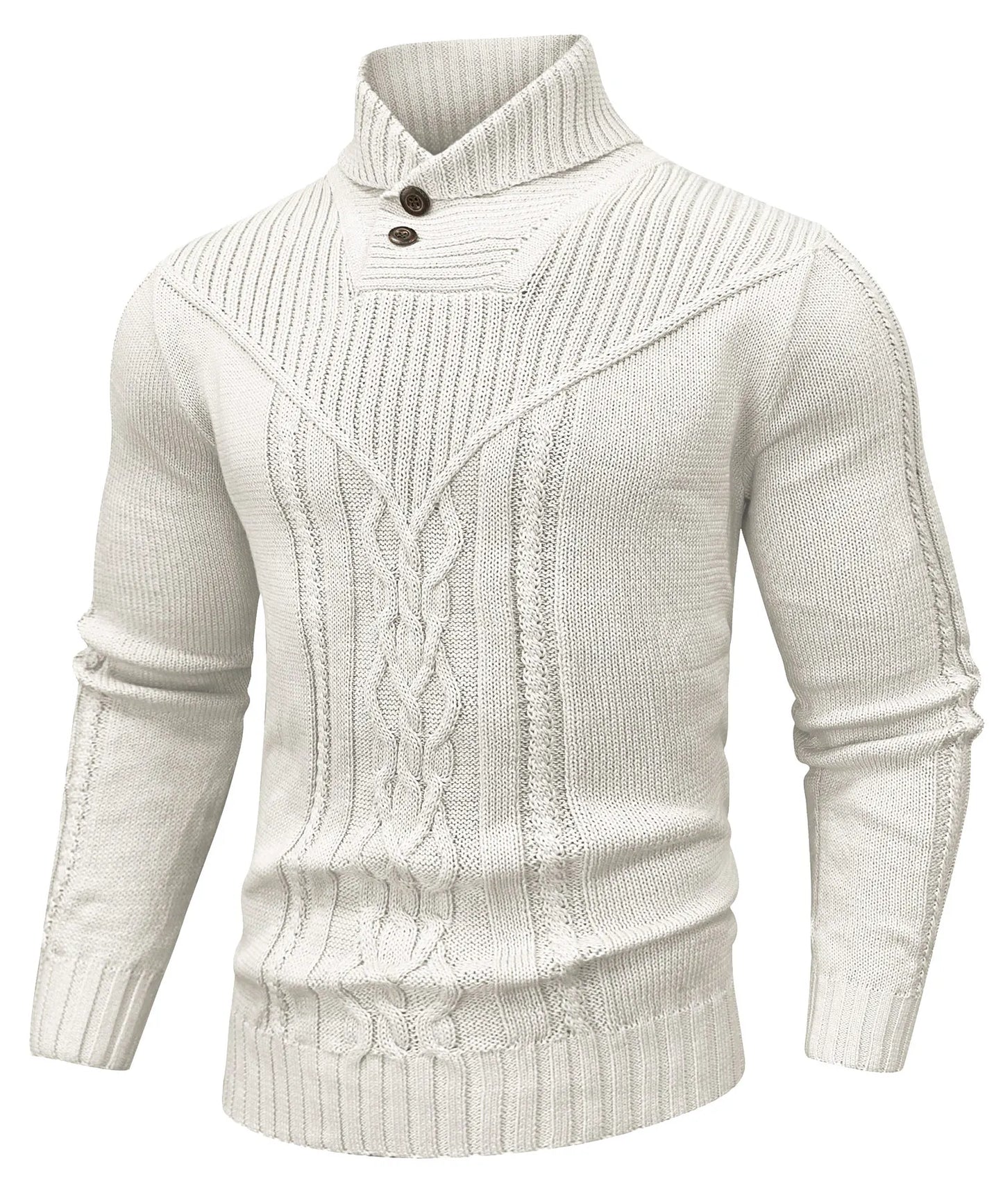 Men's Sweater Winter Shawl Collar Pullover Sweater Casual Cable Knit Button Sweaters Woolen Solid Color  Fleece Tops US Size