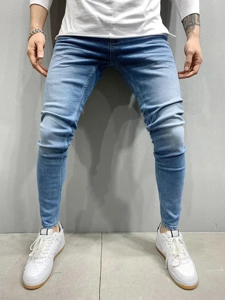 Male Hip-hop Trousers Pure Color Ripped Jeans Men Slim Long Pencil Pant Men Clothing High Quality Men Fashion Thin Skinny Jeans