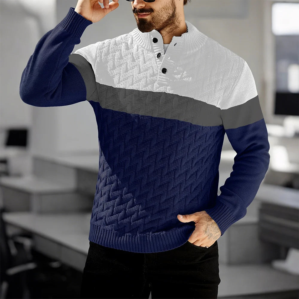 Men's Sweater Autumn Warm Contrasting Color Shawl Collar Pullover Long Sleeve Fit Casual Cable Knit Tops US Size