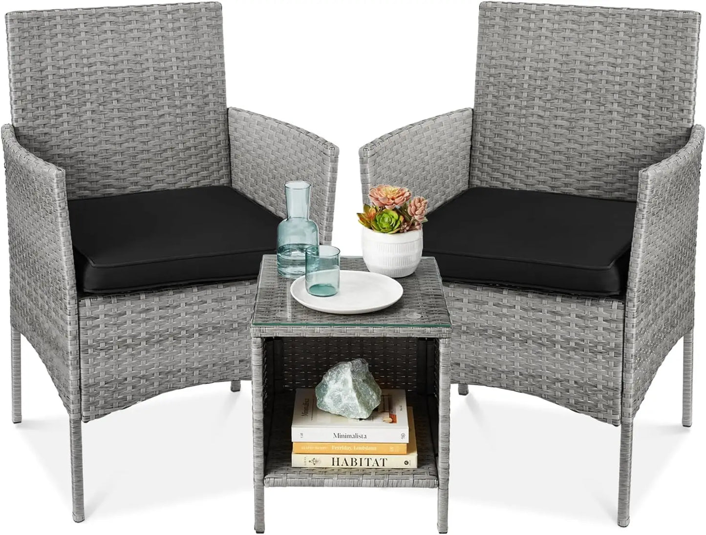 3-Piece Outdoor Wicker Conversation Bistro Set, Space Saving Patio Furniture for Garden w/Side Table