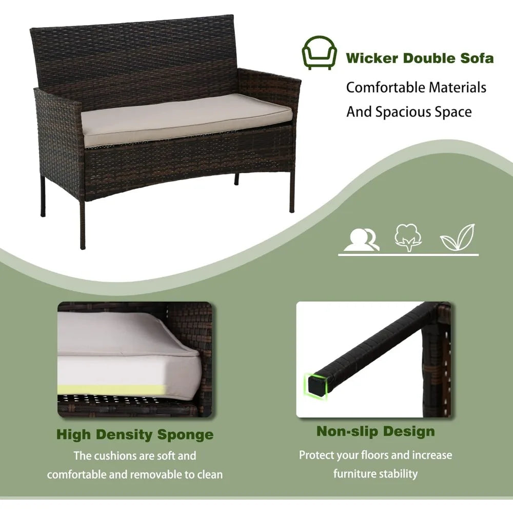 4 Pieces Patio Furniture Set Rattan Outside Furniture Wicker Sofa Garden Conversation Sets with Soft Cushion and Glass Table for