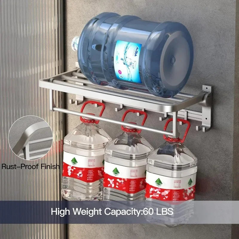 24 Inch Towel Rack with Towel Bar Holder Foldable Towel Shelf with Movable Hooks Rustproof Storage Wall Mount