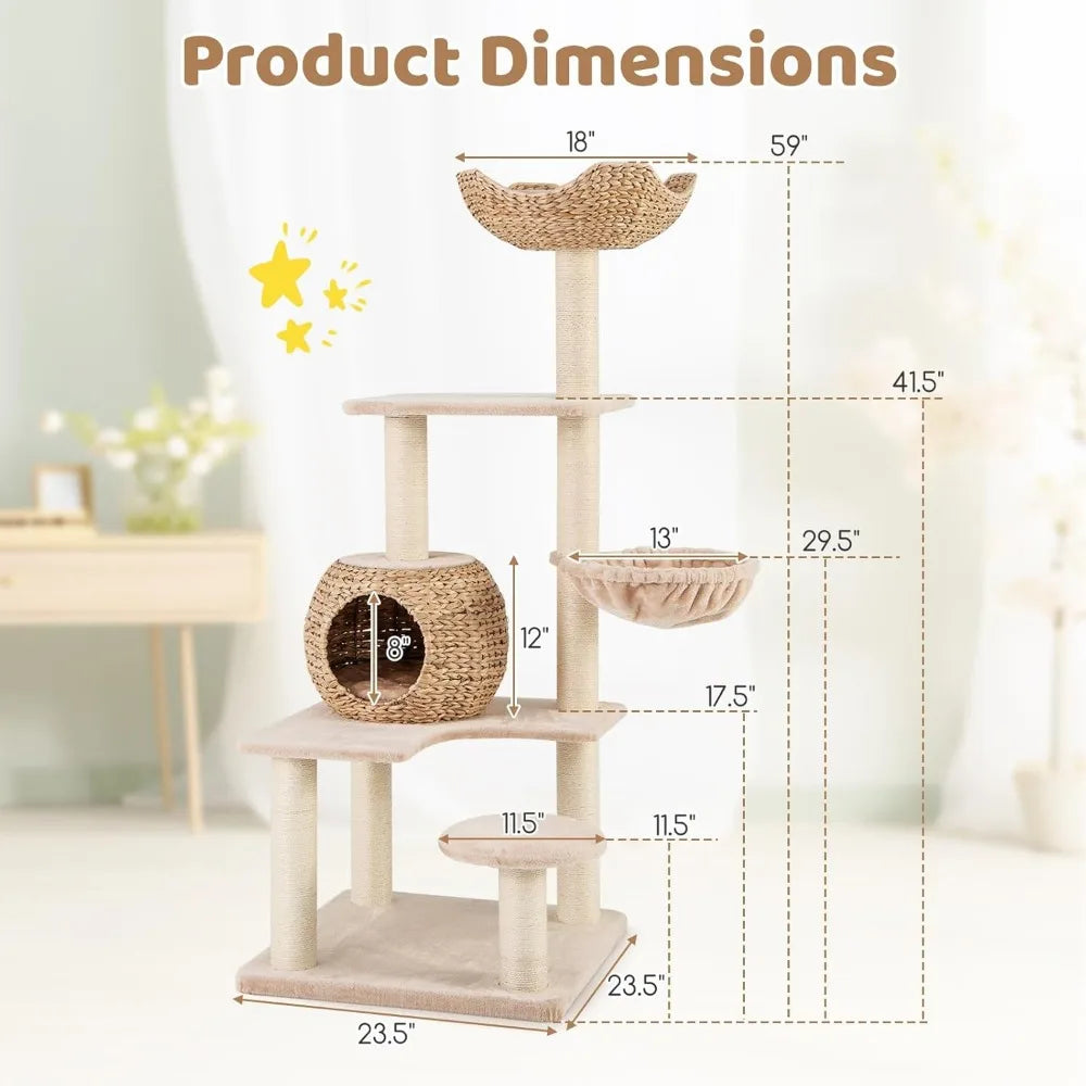 PETSITE 59 inch Cattail Tree Tower, Multi-Level Cat Tower with Natural Sisal Scratching Posts, Cat Condo