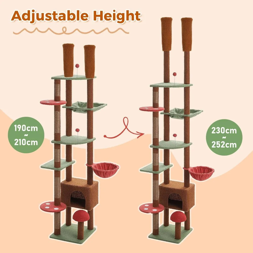 Adjustable Height Cat Tower: 90.5 to 100.4 Inches, Mushroom-Top Climbing Tree with Scratching Posts and Spacious Perch