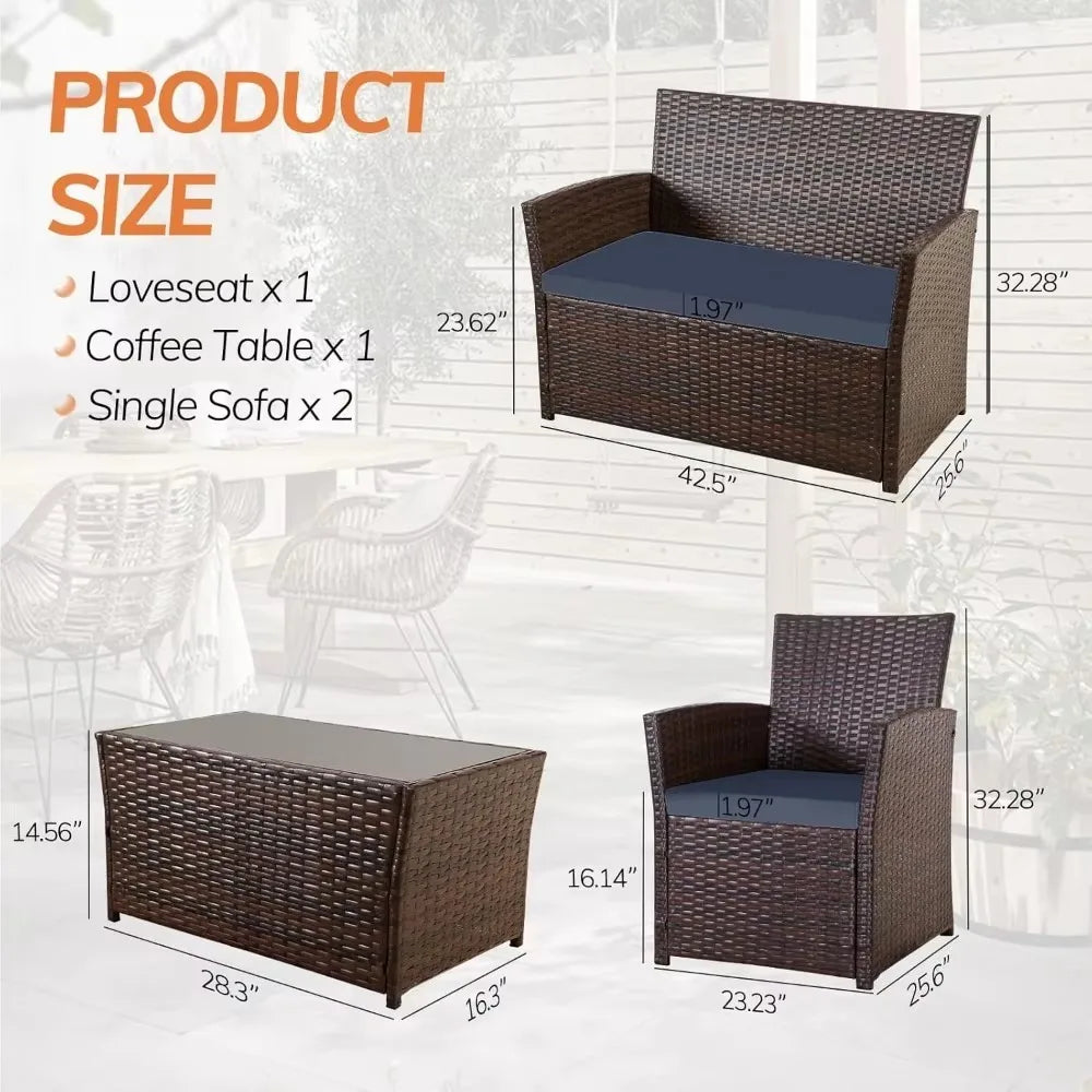 4 Piece Patio Furniture Set,Outdoor Wicker Conversation Sets,Rattan Sectional Sofa w/Coffee Table,Seat Cushions for Backyard Por