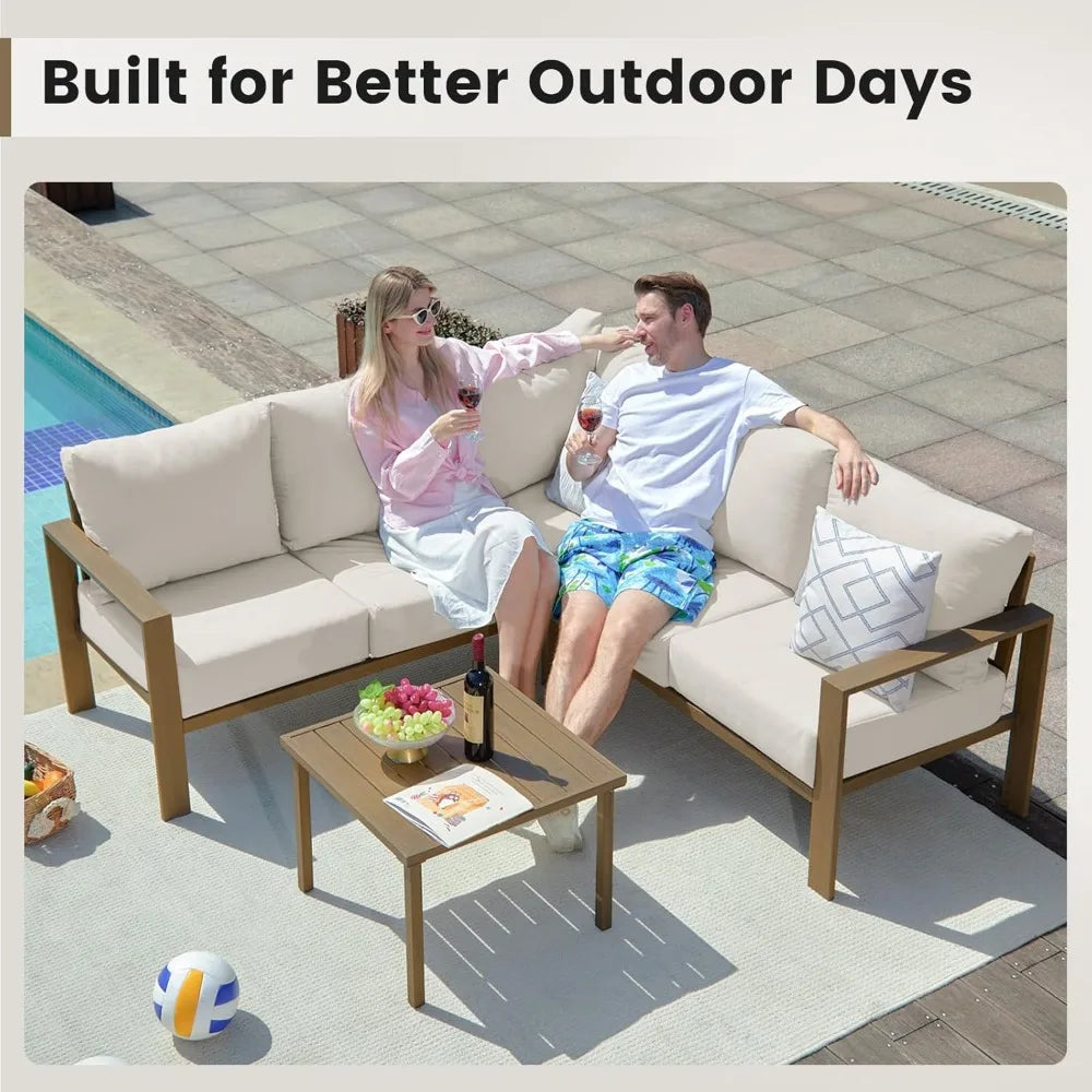 6 Piece Patio Furniture Set, Faux Wood Metal Outdoor Sectional Sofa with 6" Thick Olefin Cushions, Wide Armrest & Coffee