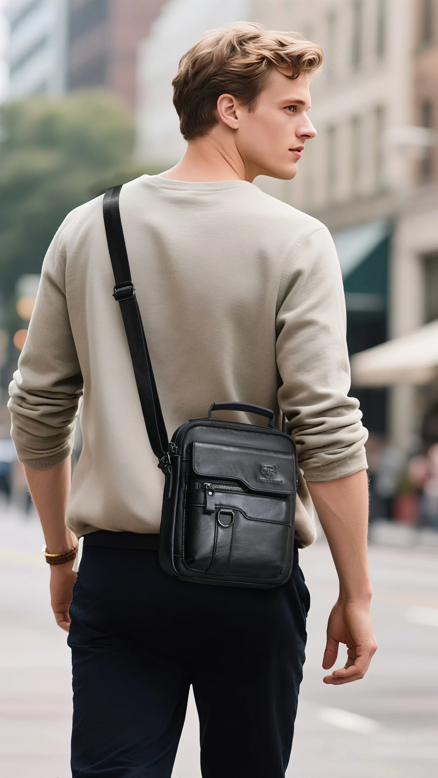 LEBULLBRO Mens Leather Shoulder Bag Medium Business Sling Bag Crossbody Bags
