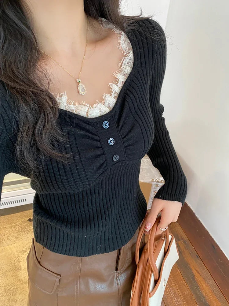 Women's Autumn Winter Simple Base Layer Tops New Low-Neck Lace Trim Splice Knitted Pullovers Solid Color V-neck Slim Fit Sweater