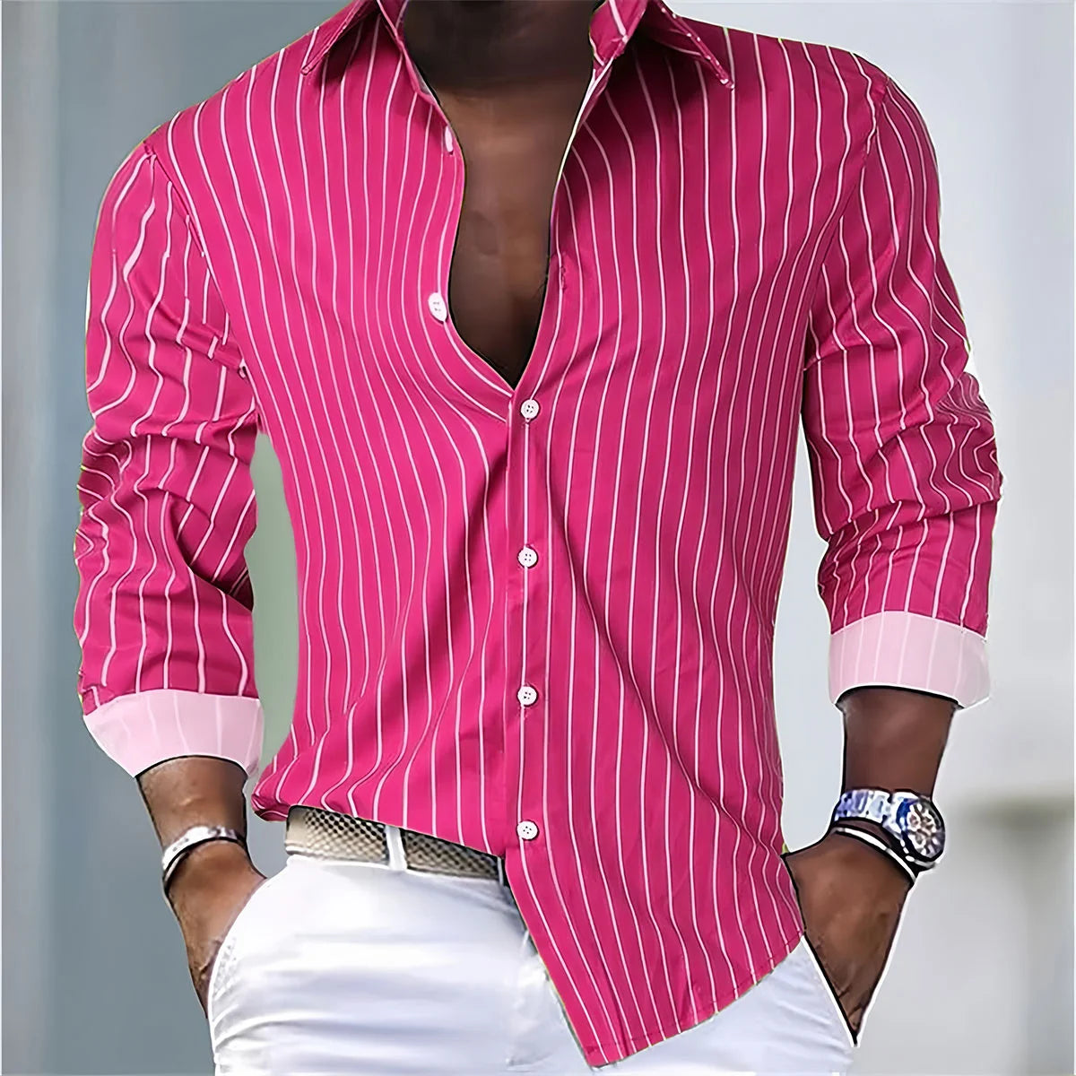 Men's Fashion Loose Striped Shirt 16 Colors Shirt Casual Breathable Lapel Button Long Sleeve Shirt Top Comfortable Soft Fabric