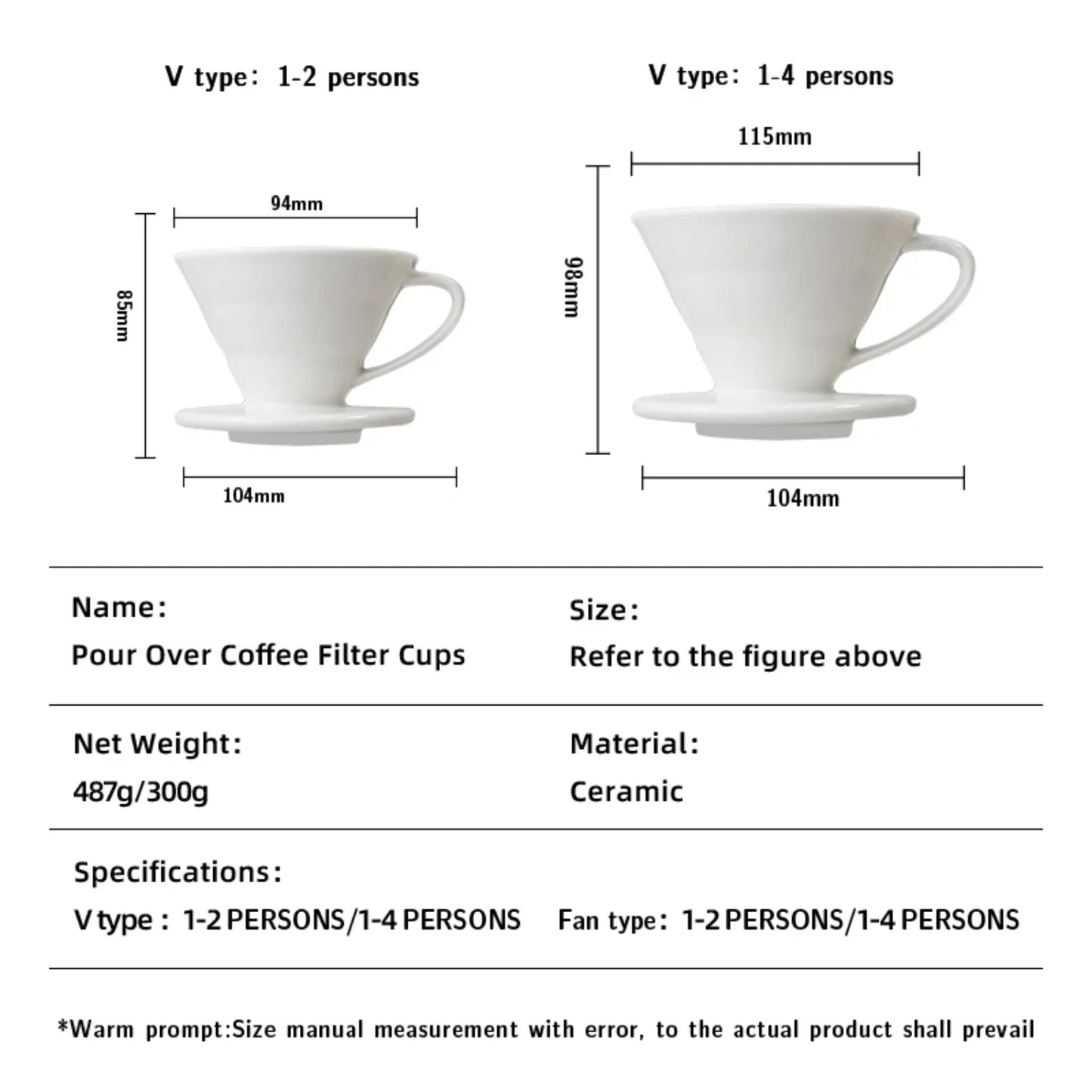 1PC V-Shaped 60 Ceramic Coffee Dripper Pour Over Cone  V Shape Drip Brewing Filter Cup Coffee Maker  White, 2 Cup，4 Cups