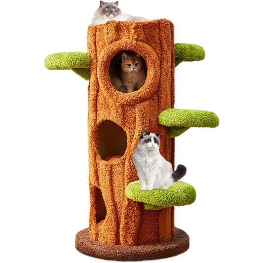 47.2'' Luxury Natural Cat Tree for Indoor Cats, Multi-Level Cat Tower with Scratching Post, Solid Wood Cat Condo for Multi-cat F
