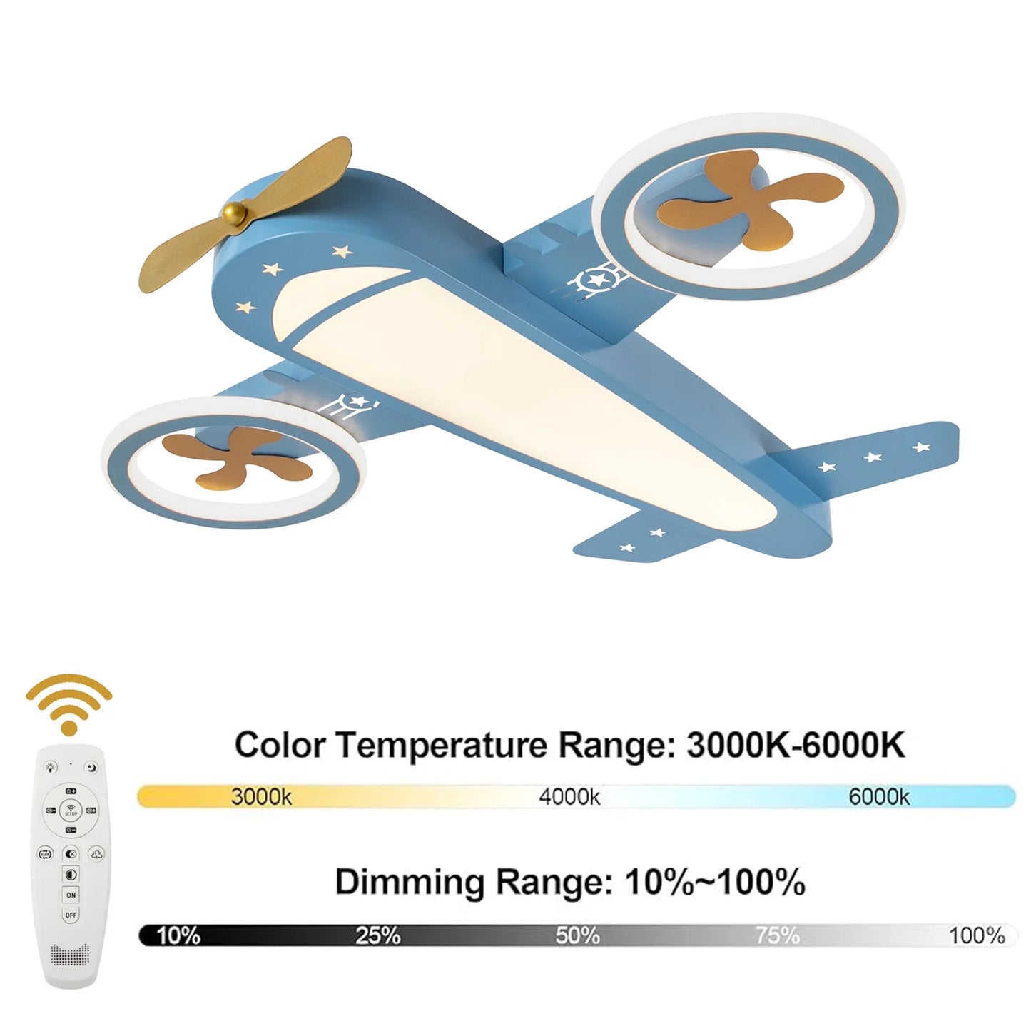 Airplane Ceiling Light, LED, Remote Control, Adjustable Warm & Cool Light, Memory Function for Kids Room and Playroom