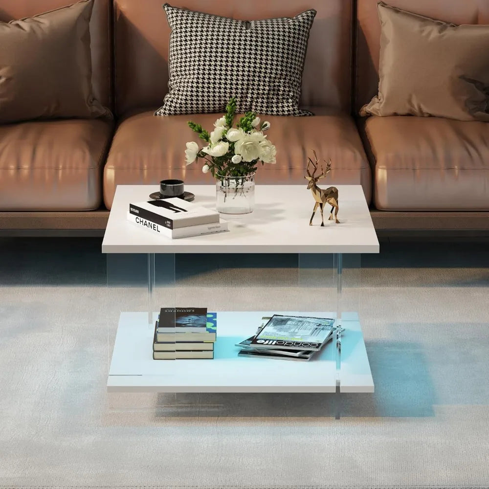 24" Acrylic Coffee Table with White Wood Tabletop, Minimalist Stylish Modern Square Center Table for Living Room,Led Living Room