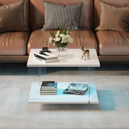 24" Acrylic Coffee Table with White Wood Tabletop, Minimalist Stylish Modern Square Center Table for Living Room,Led Living Room