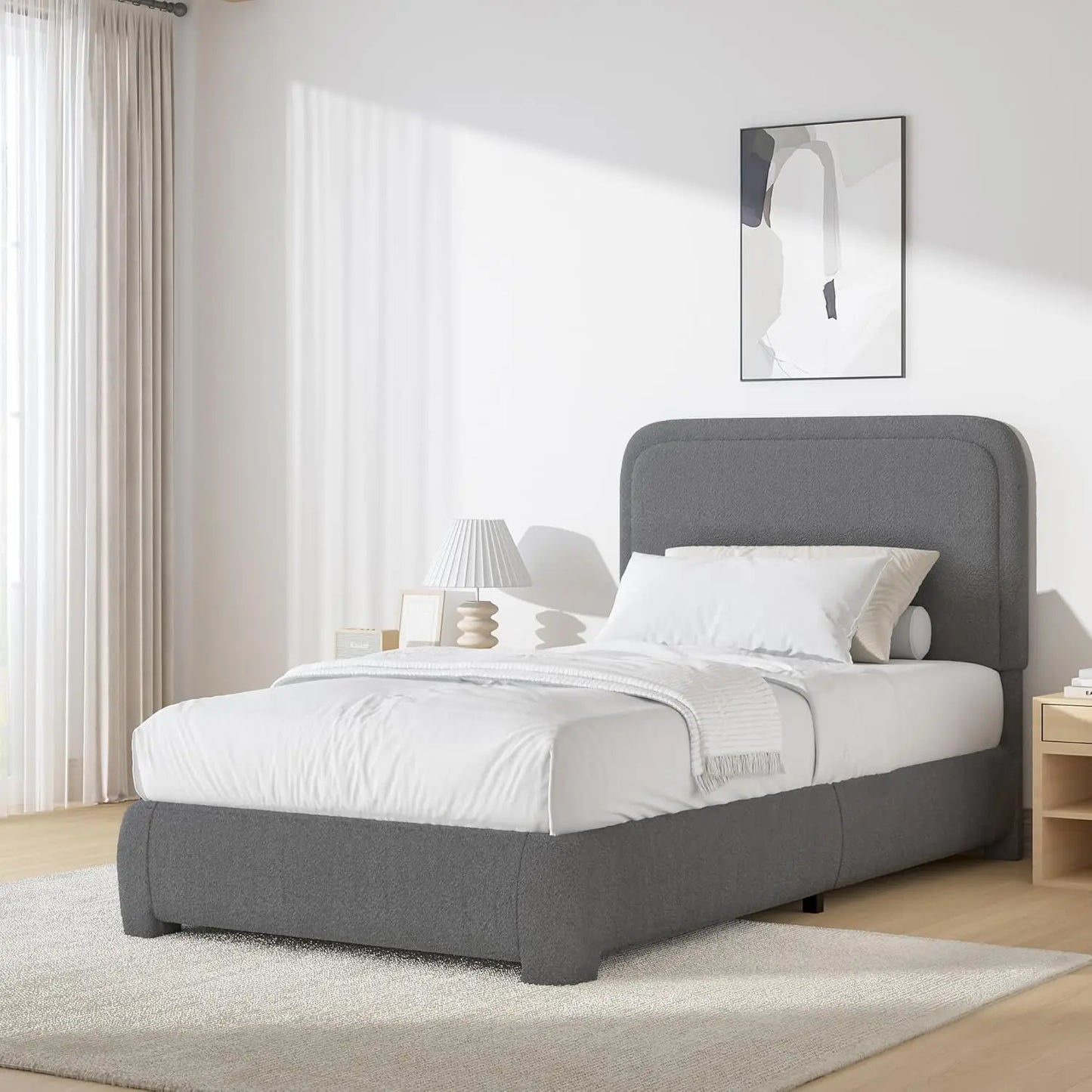 Twin Size Bed Frame, Boucle Upholstered Platform Bed with Headboard, Modern Style, Soft Rounded Corners, No Box Spring Required,