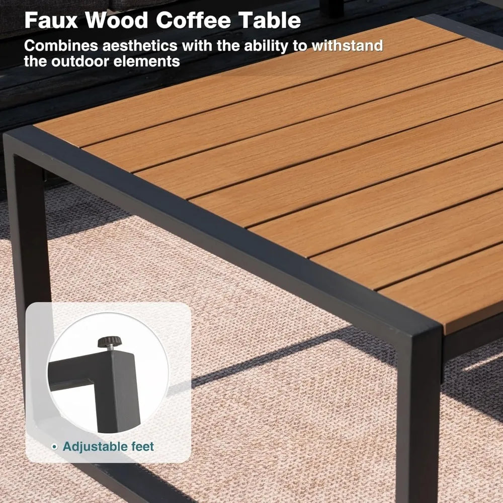 Metal Patio Furniture Set, 6 Pieces Outdoor Sectional Sofa Set with Side Table, L Shape Patio Conversation Set with Faux-Wood