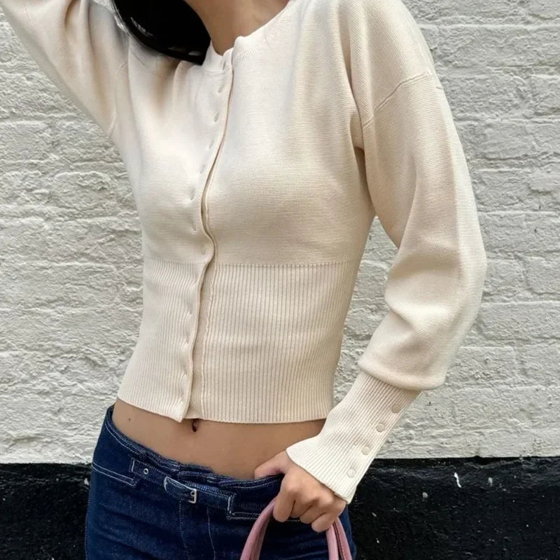 Women's High Waist Round Neck Single Breasted Cardigan Solid Long Sleeve Short Sweater Top Autumn Slim Bottoming Shirt