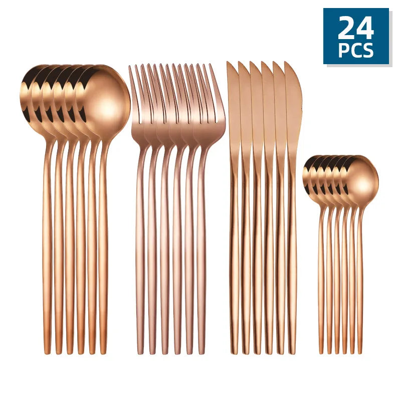24Pcs Stainless Steel Golden Cutlery, Silverware Set Mirror Flatware Western Cutlery Set Dinning Kitchen Dinning Tableware