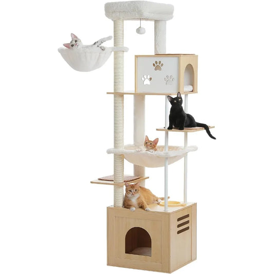 PAWZ Road Large Cat Tree with Food Station, 74.8 Inches Wooden Tall Cat Tower with Extra Large Condos and Hammocks,Spacious Perc