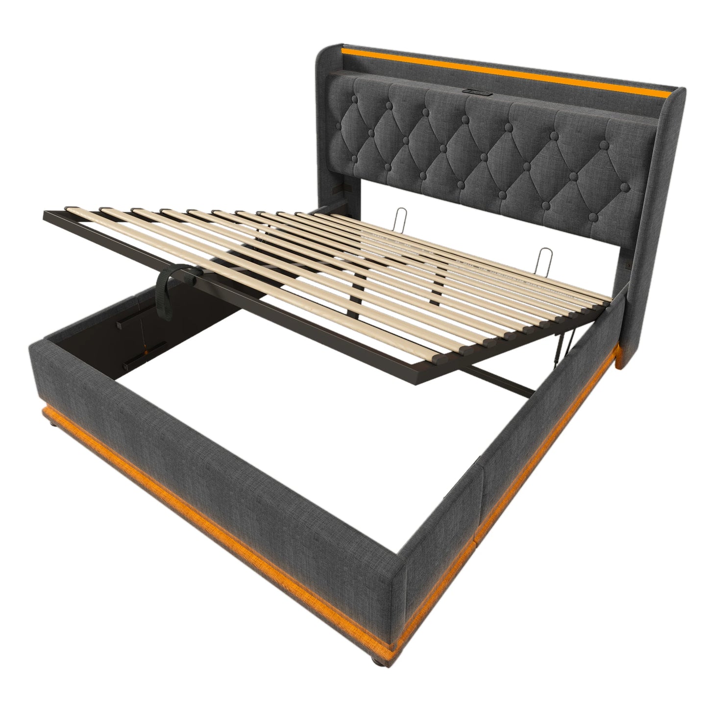 KOMHTOM Hydraulic Storage bed Linen 360 Surround LED function with USB Type-C charging function without mattress