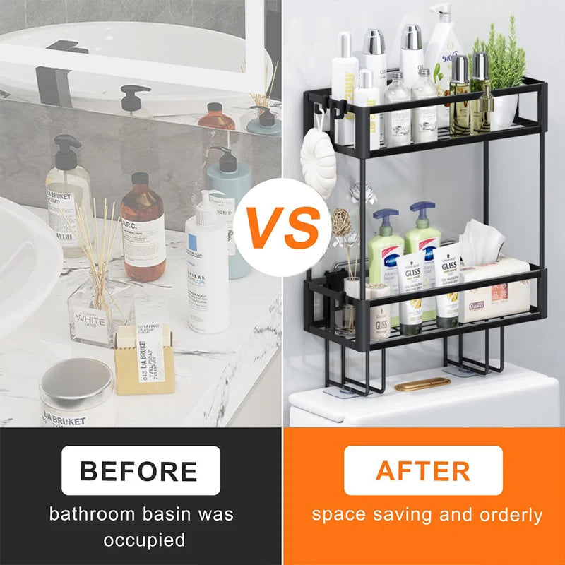 Double-layer toilet storage rack, bathroom storage rack, multi-functional toilet rack, no drilling required, space-saving ，black