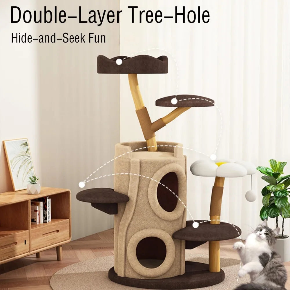 All-Season Multi-Level Solid Wood Cat Climbing Tree with Space Capsule Condo - Space-Saving Home Natural Trunk Design