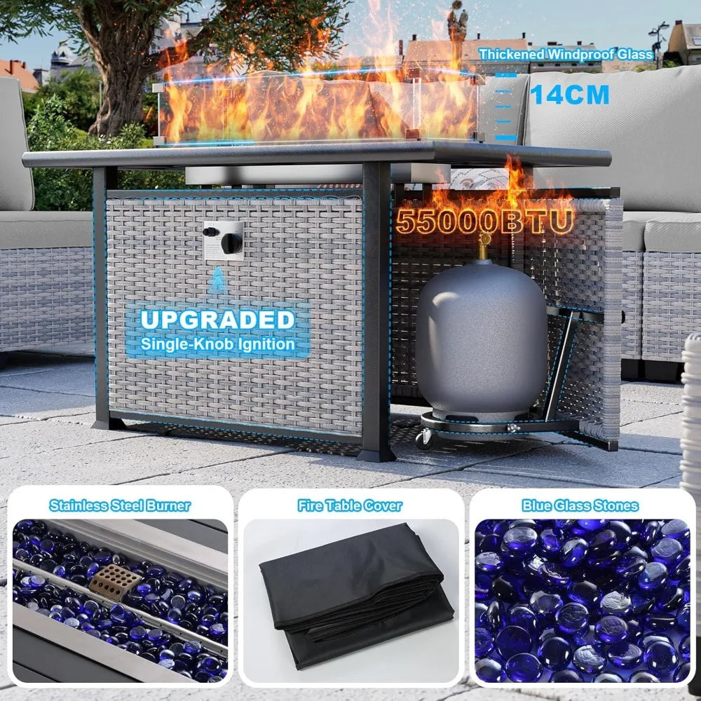 Modern 8-Piece Patio Furniture Set with 55k BTU Fire Pit, Plush Cushions, Durable Wicker Rattan, Rust-Resistant Frame
