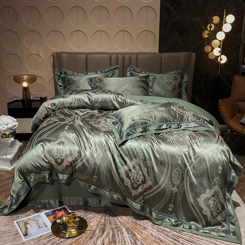 Soft Satin Jacquard Cotton Bedding Set, Luxury Duvet Cover, Blue, Gold, Gray, Queen, King Bed Sheet, Pillowcases, Home Textiles
