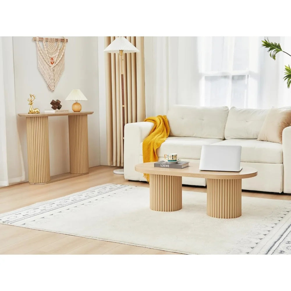Fluted Oval Coffee Table for Living Room, Boho Modern Coffee Table with Fluted Legs, Curved Round Wood Center Table for Home, S