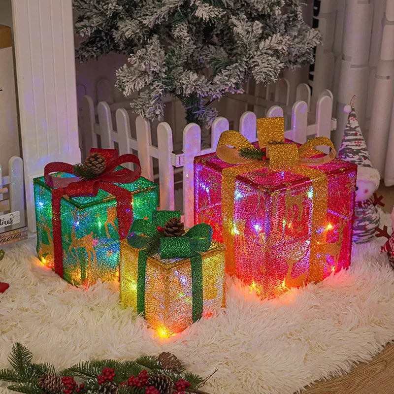 3PCS 8 Modes Lighted Up Outdoor Christmas Decor Luminous Christmas Gift Box With Bow For Holiday Christmas Tree Home Yard Decor