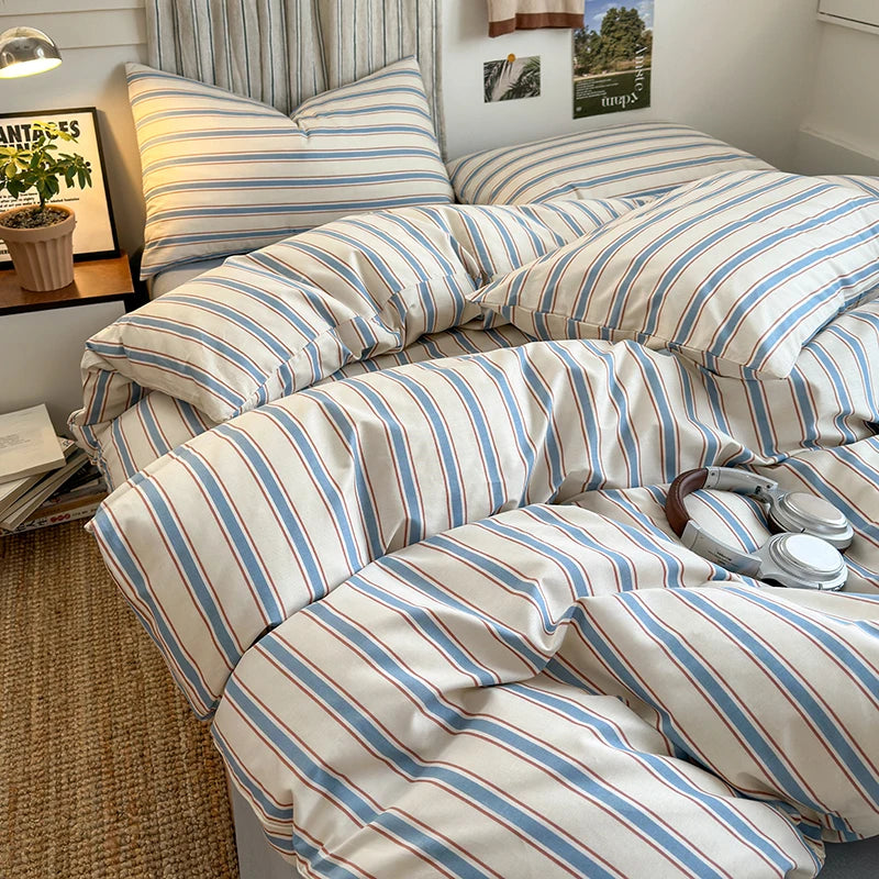100% Cotton Stripe Style Duvet Cover Set 3-Piece (1 Duvet Cover + 2 Pillowcases),Minimalist Bedding Set for All Seasons
