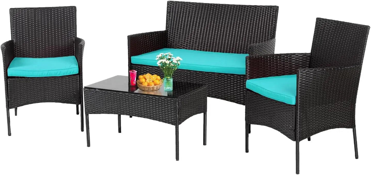 4 Pieces Patio Furniture Set Rattan Outside Furniture Wicker Sofa Garden Conversation Sets with Soft Cushion and Glass Table for