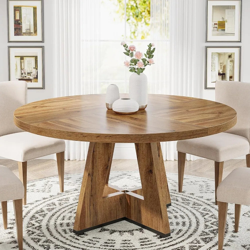 Wood Round Dining Table, Dinning Room Tables for 4 Adult, Farmhouse Dinner Tables with Wooden Tabletop and Cross Base, Table