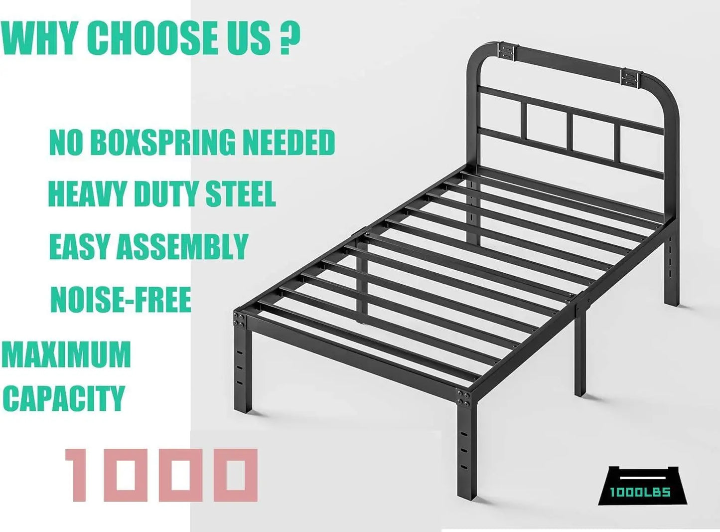 Twin Size Bed Frame with Headboard, 1000LBS Heavy Duty Platform Mattress Foundation/Box Spring Replacement - 18 Inch