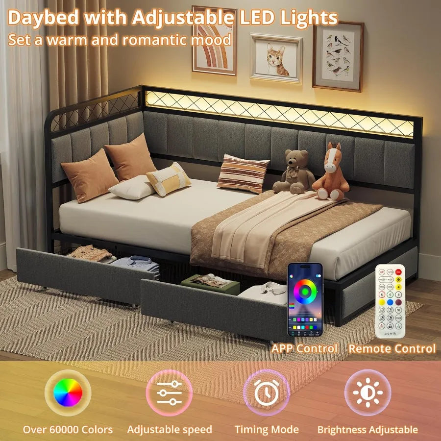 Twin Daybed with 2 Storage Drawers Corner Bed Frame with LED and Charging Station Metal Platform Daybed Frame for Living Room B