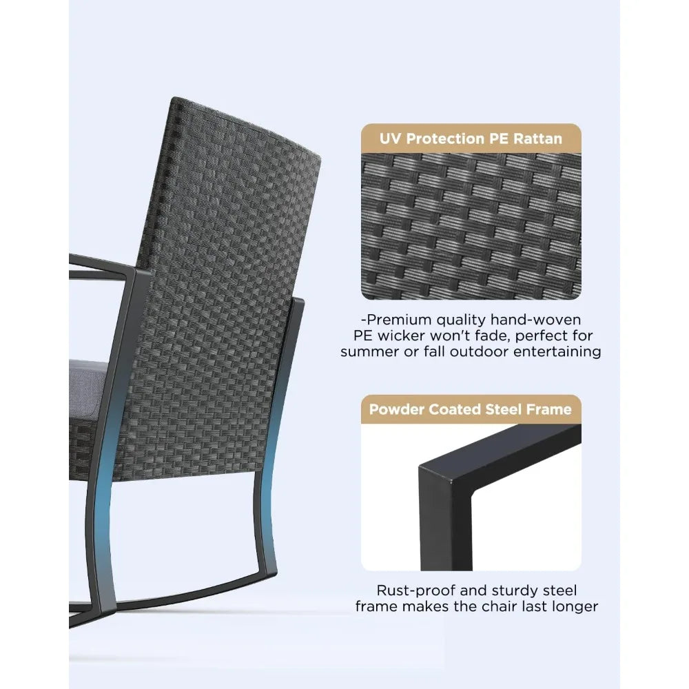 3 Pieces Patio Furniture Set Rocking Bistro Set Outdoor Rattan Conversation with Coffee Table for Garden Balcony Backyard