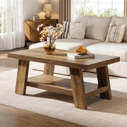 Rustic Rectangular Living Room Coffee Table, 47.24" Two-Level Wood Center Table