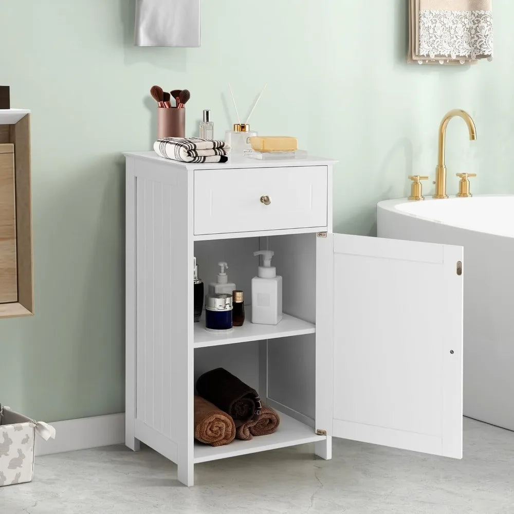 small bathroom cabinet for small spaces, freestanding single door bathroom storage with adjustable shelf, anti-tipping device,