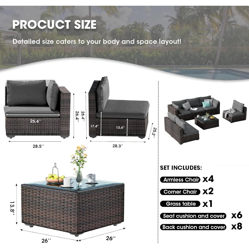 Patio Furniture Set 7 Piece Outdoor Wicker Sectional Sofa - All Weather High Backrest PE Rattan