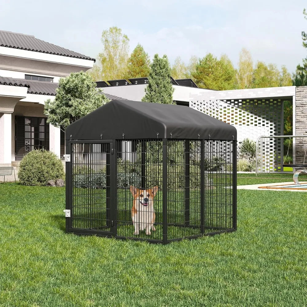 Large Outdoor Dog Enclosure, Heavy Duty Dog Cage with Roof, Galvanized Steel Dog Kennel Fence with Double Safety Locks (50x48x54