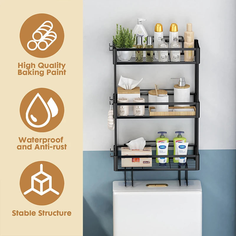 Three-tier toilet storage rack, bathroom storage rack, multi-functional toilet rack, no drilling required, space-saving (black)
