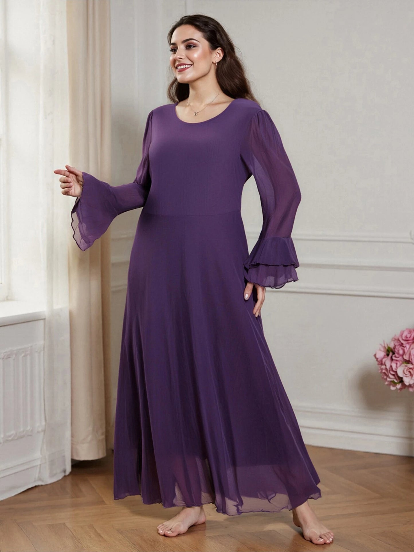 Elegant Maxi Dress Stylish V-Neck Long Sleeve Flowy Dress for Casual Evening Events and Special Occasions