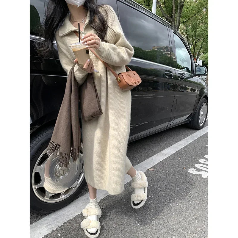 Spring Autumn 2025 Knitted Midi Dress Long Sleeve Inner Wear Base Skirt Elegant Goddess Style Coat Matching Casual Dress