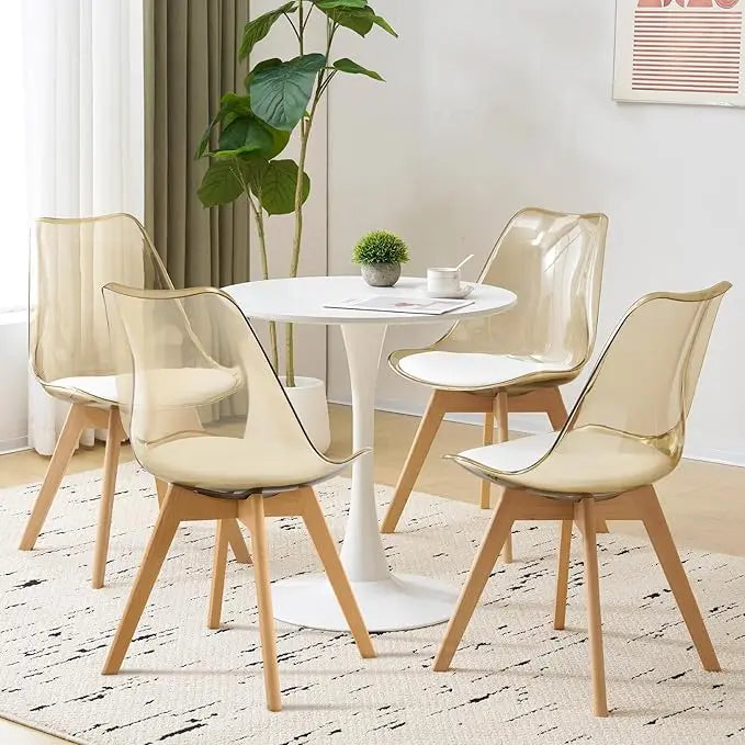 Clear Dining Chairs Set of 4, Modern Acrylic Accent Chair Kitchen Dinner Chairs with PU Leather Cushions Seat and Wood Legs, Sid
