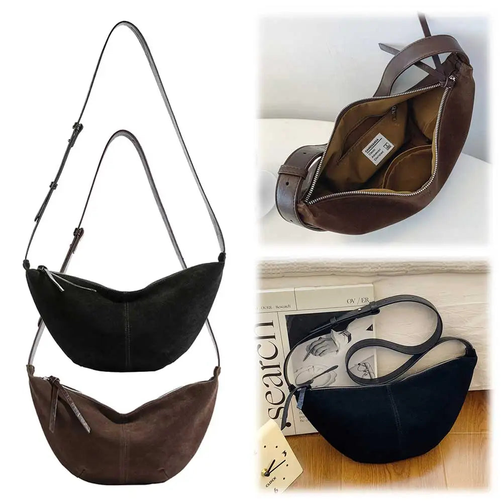 Crescent Bag for Women Men Adjustable Strap Shoulder Bag Suede Multi-pocket Handbag Solid Dumpling Bag for Work Travel