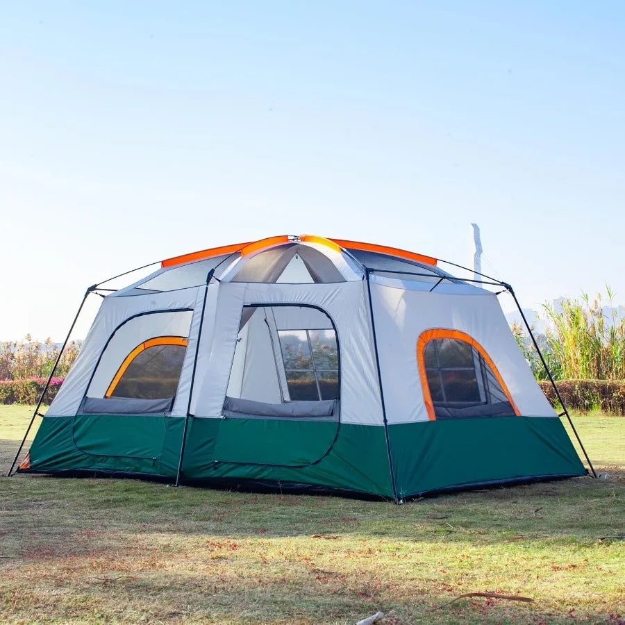 KTT Large Family Cabin Tent for 1012 People 14.1X10X6.58ft 2 Rooms with 3 Storage Pockets 2 Bay Windows 3 Doors and 3 Windows F