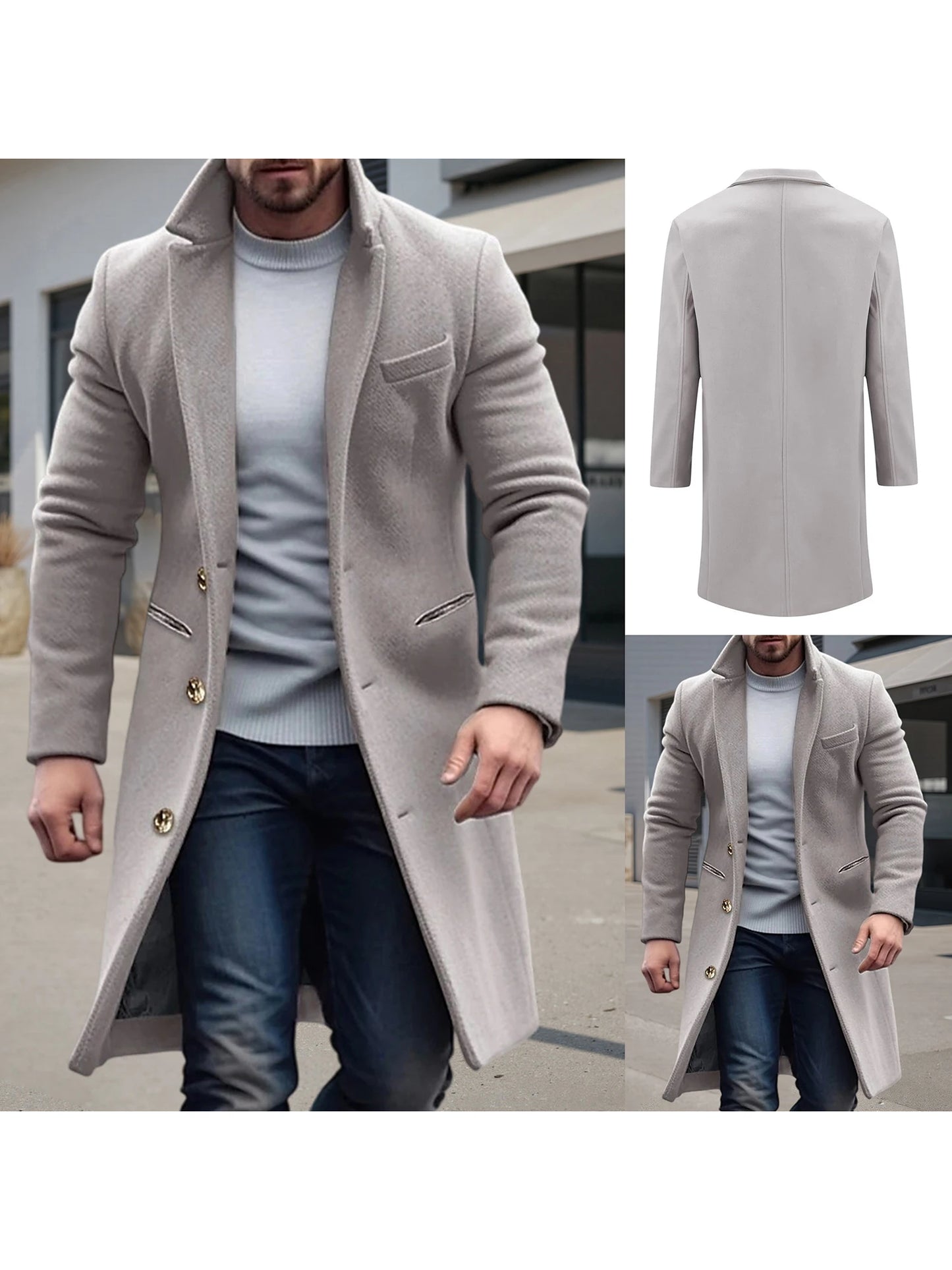 Men s Classic Wool Blend Pea Coat with Notched Lapel and Button Closure for Stylish Winter Outerwear and Streetwear Fashion