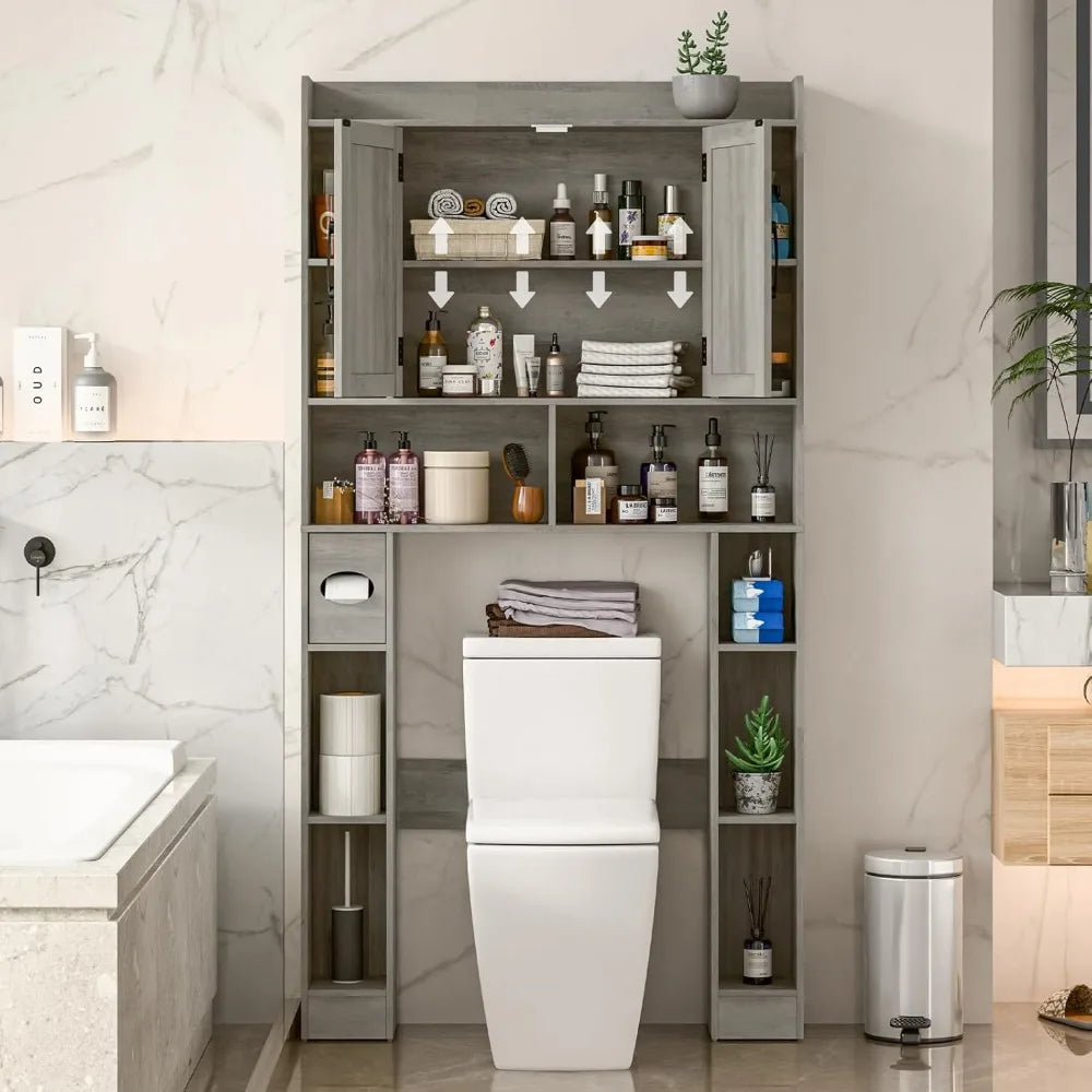 Farmhouse Storage Cabinet Over Toilet with Barn Doors，Over The Toilet Storage Cabinet, Home Space-Saving Toilet Rack