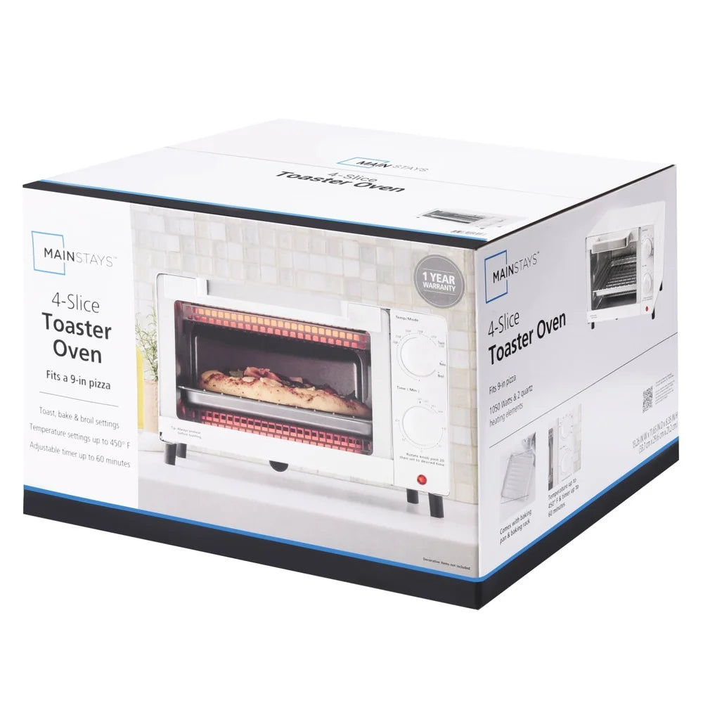 4 Slice Toaster Oven Countertop with 3 Settings Baking Rack Pan Compact Design Easy Clean 1050W Quartz Heating Perfect Toast